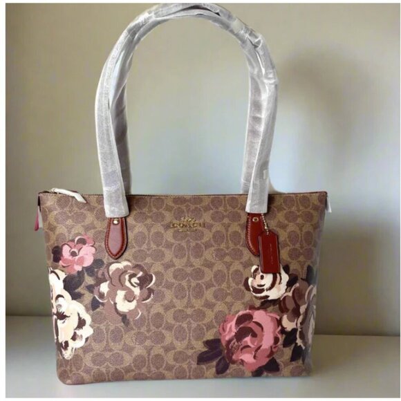 Coach Handbags - Coach Gallery Tote Rose Floral Brown Signature Canvas CZ180 Shoulder Bag